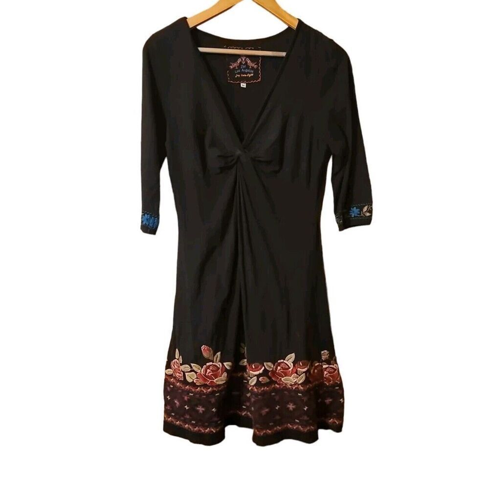 Johnny Was Black Midi Dress with Red and Blue Accents
